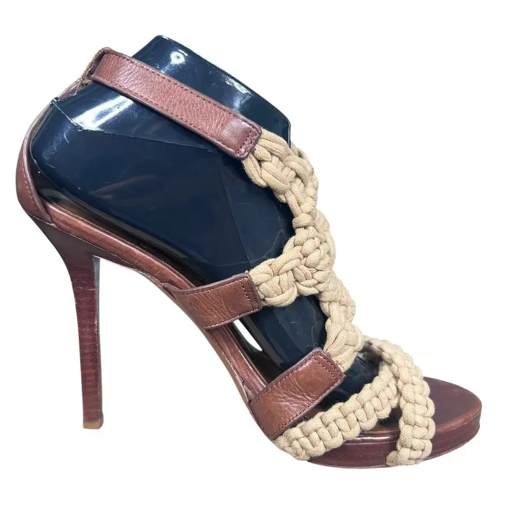 Tory Burch Carina Macrame T-Strap Brown Leather Sandals Size 9.5